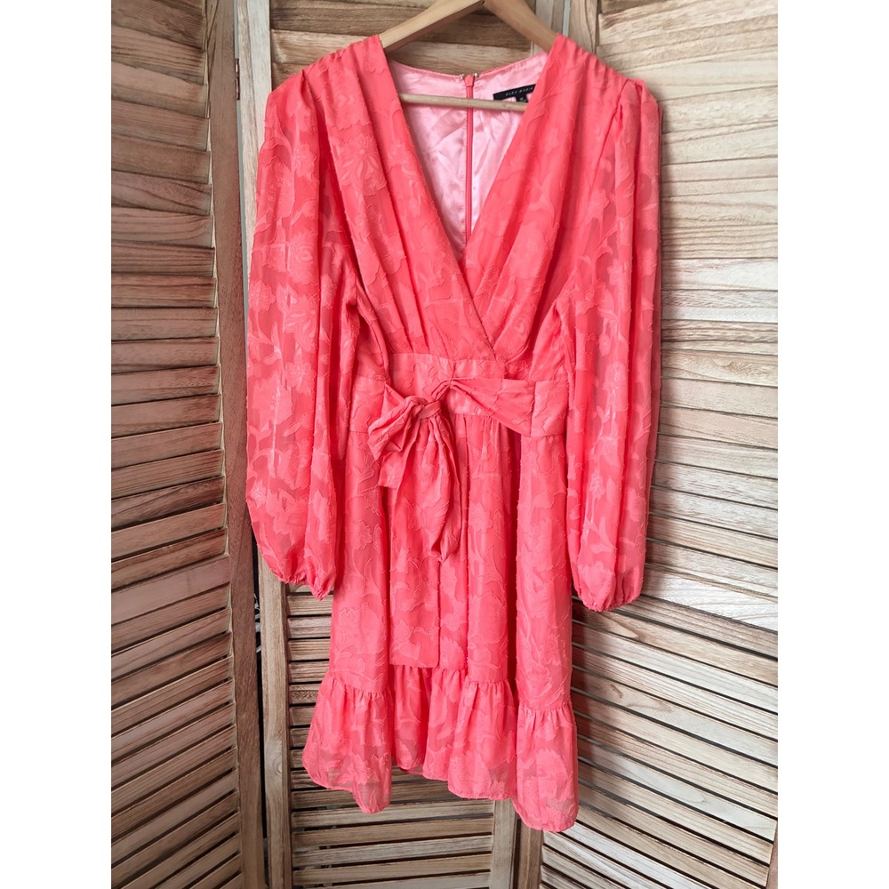 Alex Marie Coral Pink Burnout Floral Wrap  Ruffle Mini Dress Size 16 Casual